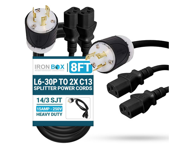 IronBox Electric L6-30P to 2X C13 Splitter Power Cords - 15A/250V, 14 AWG, 14/3 SJT - UL Listed Power Supply Cable - Heavy Duty Power Plug and Cord...