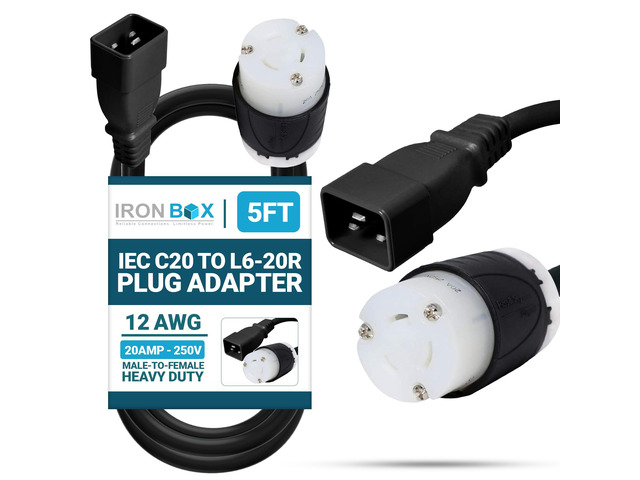 IronBox Electric - Heavy Duty IEC C20 to L6-20R Plug Adapter Power Cord - 12 AWG Jacket - Rated for 20 Amps and 250V - UL Listed Extension Cable -...