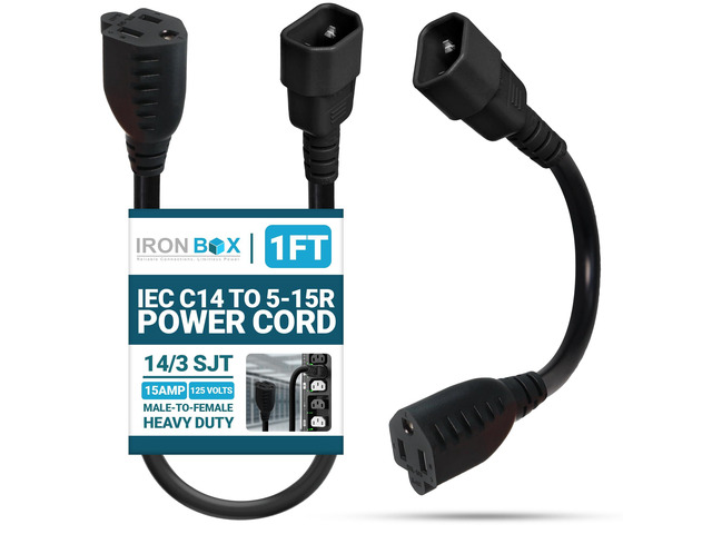 IronBox Electric IEC C14 to 5-15R Power Cord - 15A, 125V, 14/3 SJT - UL Listed Power Cord Adapter - Heavy Duty Plug & Connector Extension Cable for...