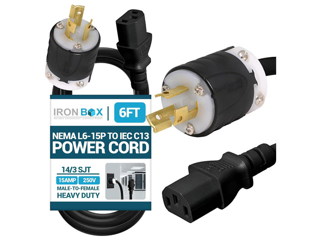 IronBox Electric NEMA L6-15P to IEC C13 Power Cord - 15A, 250V, 14/3 SJT - UL Listed Power Supply Extension Cable - Heavy Duty Plug and Connector...