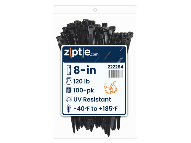 8-inch UV Resistant Black Multi-Purpose Zip Tie, 120-lb Tensile Strength, UL 21S Listed, 100-Pack