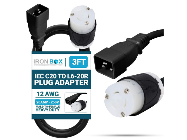 IronBox Electric - Heavy Duty IEC C20 to L6-20R Plug Adapter Power Cord - 12 AWG Jacket - Rated for 20 Amps and 250V - UL Listed Extension Cable -...