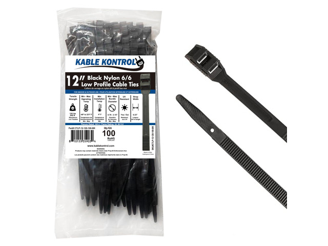 Low-Profile Cable Ties 12 Inch 100 Pcs, 120 Lbs Test Black Double Locking Cable Ties UL Listed Inline Zip Ties - Chemical, UV & Abrasion...