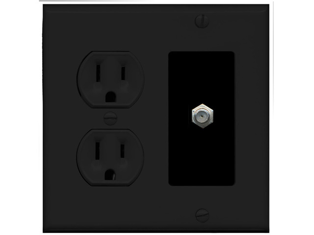 (2 Gang Decorative) 15 Amp Round Power Outlet Coax Cable TV Wall Plate - Black