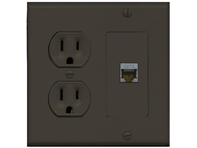 15 Amp Round Power Outlet 1 Port Cat6 Shielded Ethernet Wall Plate [Brown/Brown]
