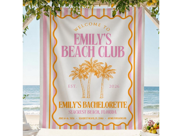 Personalized Welcome to Beach Club Bachelorette Banner Backdrop Custom Name Palm Trees Orange Yellow Bach Weekend Photo Backdrop Bridal Shower Hen...
