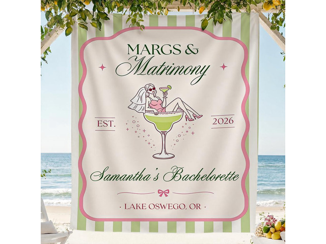 Personalized Margs and Matrimony Bachelorette Banner Backdrop Custom Name Cocktail Martini Green Stripes Bach Weekend Photo Backdrop Bridal Shower...