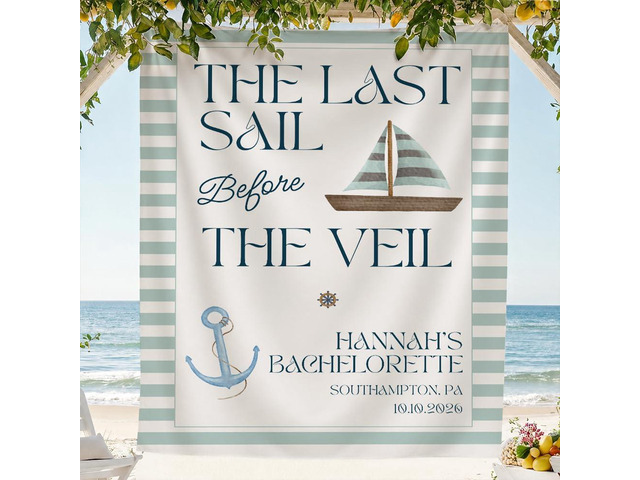Personalized The Last Sail Before the Veil Bachelorette Banner Backdrop Custom Name Sailboat Anchor Teal Stripes Bach Party Photo Backdrop Bridal...