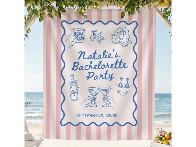 Personalized Bachelorette Banner Backdrop Custom Name Pink Stripes Cocktails Girly Icons Bach Weekend Photo Backdrop Bridal Shower Hen Night Girls...
