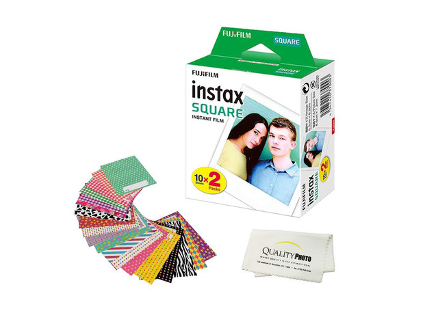 Instax Square Instant Film and Stickers for The instax Square Instant Camera + Quality Photo Microfiber Cloth. 20 Films