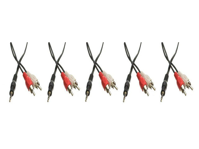3.5mm Stereo Male to Dual RCA Male (Right and Left) RCA Audio Cable, 25 Foot - 5-Pack