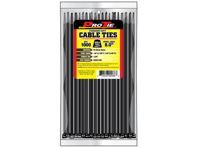 Pro Tie Standard Duty, Self-Locking UV Nylon Cable Wire Ties for Indoor and Outdoor Use 8-Inch, 50 lbs. Tensile Strength, UV Black Nylon,...