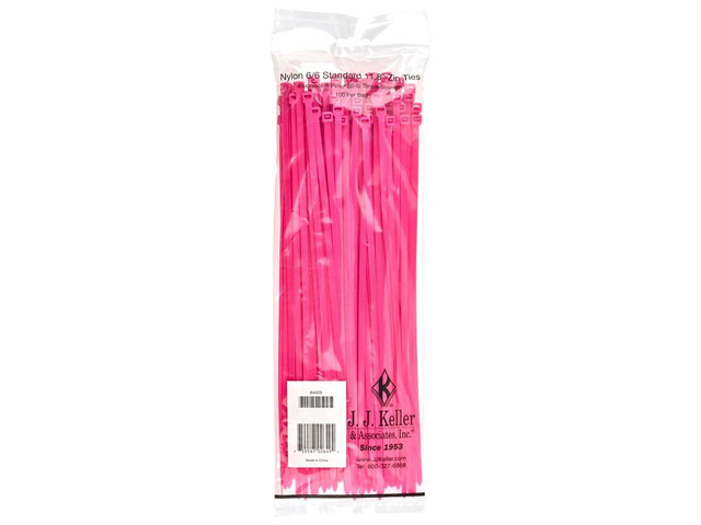 J. J. Keller 11 Inch Zip Ties, Neon Pink, 100 Pack, 50 lbs. Break Strength, Standard-Duty Nylon Zip Ties