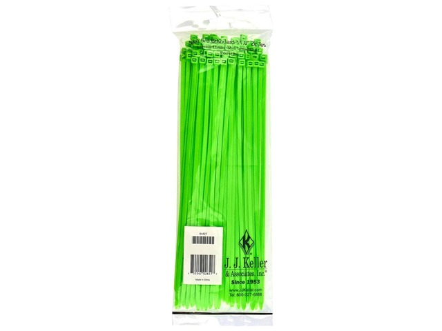 J. J. Keller 11 Inch Zip Ties, Neon Green, 100 Pack, 50 lbs. Break Strength, Standard-Duty Nylon Zip Ties