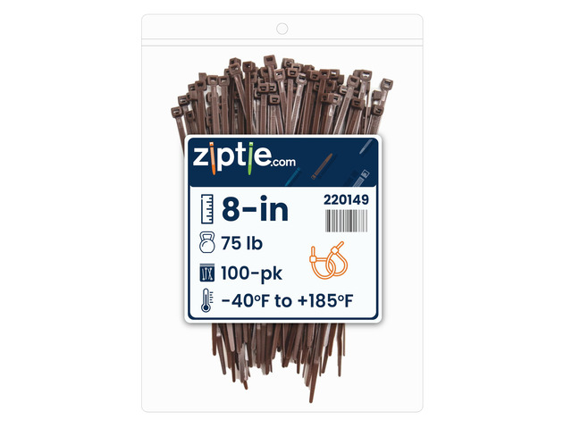 8-Inch Dark Brown Nylon Multi-Purpose Zip Ties - 75-lb Tensile Strength Cord Management - UL 21S Listed Tie Wraps - Indoor Multi-Purpose (100-Pack)