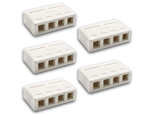 Keystone Jack Surface Mount Box White, Biscuit for RJ45, RJ11, RJ12 Keystone Jacks, UL Listed, RoHs Compliant (5-Pack, 4-Port)