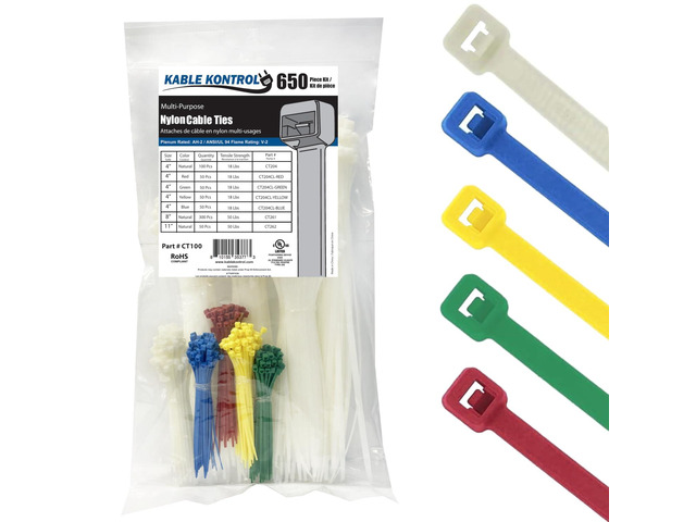 Zip Tie Kit 650 Pcs Assorted Length 4+8+11 Inch, Multicolor Multi Pack Cable Tie Wraps, Nylon Wire Ties Variety Pack Sizes for Indoor Cable...