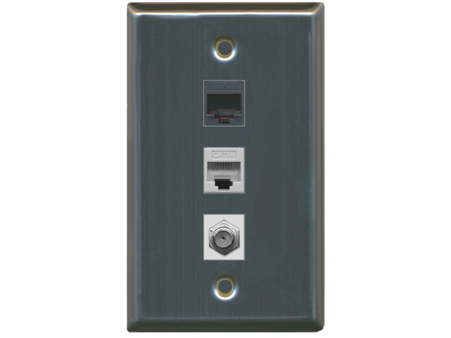 1 Port Coax Cable TV- F-Type 1 Phone RJ11 RJ12 1 Cat5e Ethernet Wall Plate - Stainless Steel