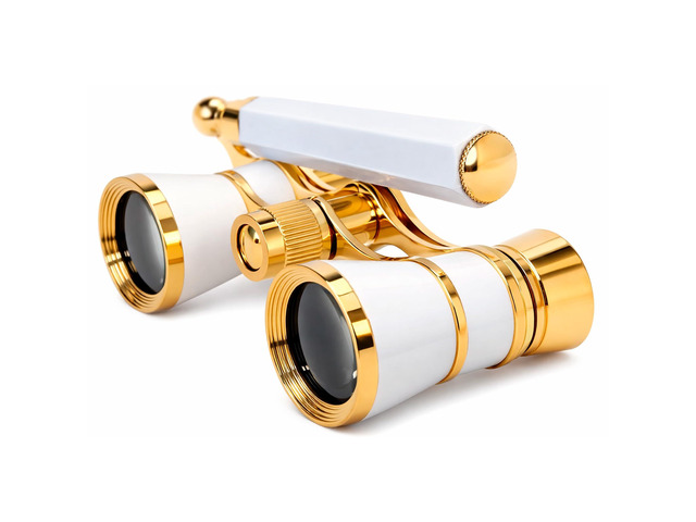 3 x 25 Opera Glasses Theater Binoculars w/Built-in Extendable Handle, White-Pearl with Gold Trim, with Crystal Clear Optics (CCO), for Adults Kids...