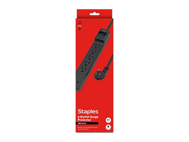 6-Outlet Surge Protector, 6 Ft Braided Cord, 1800J Flat offset plug for home and office electronics. Black, 6 outlets