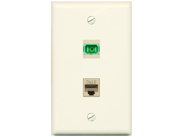 1 Port Fiber Optic Jack SC Simplex APC + Cat6 Wall Plate - Flat Style [Light-Almond]