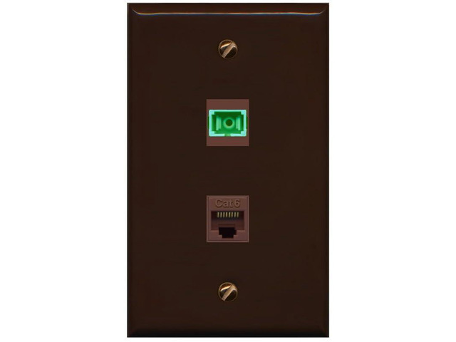 1 Port Fiber Optic Jack SC Simplex APC + Cat6 Wall Plate - Flat Style [Brown/Brown]
