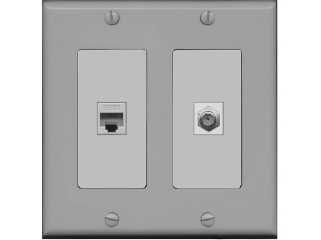 1 Port Coax Cable TV- F-Type 1 Port Cat6 Ethernet Dual Gang Wall Plate - Gray