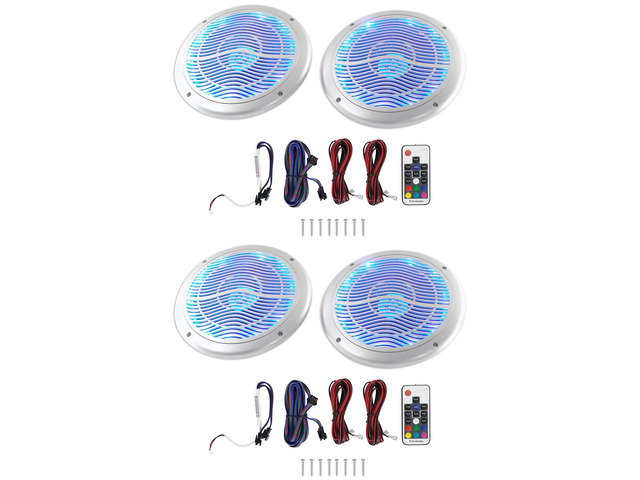 RMC65LS Silver 6.5' 2-Way 4-Ohm Marine Speakers with LED, 4-Pack 600W Peak, 150W RMS, Multi-Color LEDs, Waterproof, 19 Dynamic Modes, 20 Colors,...