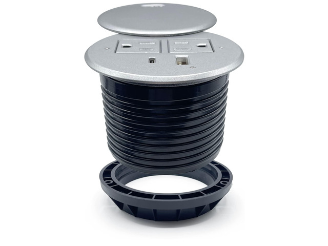 Desktop Power Grommet with 2X AC Outlets, 1x USB-C and 1x USB-A Charging Ports. Fits 3.15' Round Desk Grommet Holes - Silver