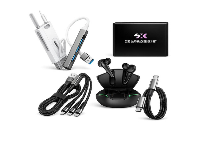 5-in-1 Laptop Accessory Bundle with USB-C Hub and Bluetooth Earbuds 3-in-1 and USB-C Charging Cables, Electronic Cleaning Kit for Work, Study and...
