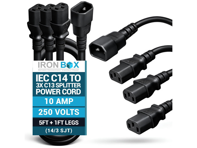 IronBox Electric IEC C14 to 3X C13 Splitter Power Cord - 10A, 250V, 14/3 SJT - Heavy Duty Outlet Splitter - UL Listed Cable Extension Cord for...