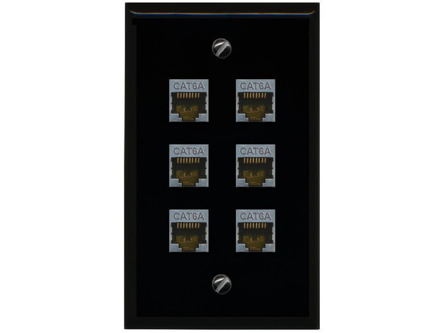 (1 Gang Flat) 6 Port Cat6a Ethernet Shielded Wall Plate - Flat [Black/Black]
