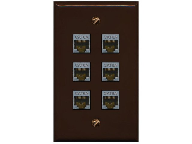 (1 Gang Flat) 6 Port Cat6a Ethernet Shielded Wall Plate - Flat [Brown/Brown]