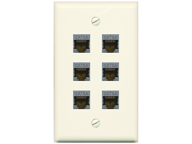 (1 Gang Flat) 6 Port Cat6a Ethernet Shielded Wall Plate - Flat [Light-Almond]