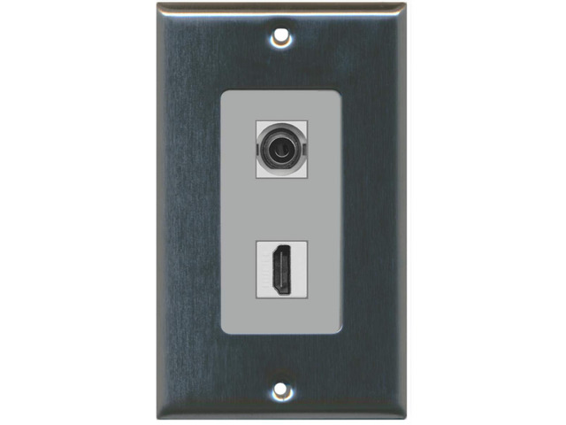3.5mm Audio Headphone Jack and 1 HDMI Port Wall Plate Decorative - Stainless Steel/Gray - Bracket Included