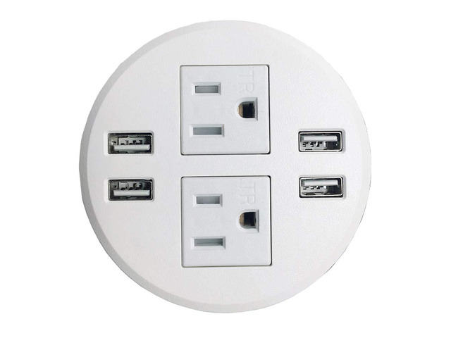 Round Desktop Multi-Devices Charging Station Power Grommet Outlet, FITS 3 1/8' - 3 1/4' 2 (TR) AC, 3 Power Outlets AC, 4 USB Charging Ports ETL...