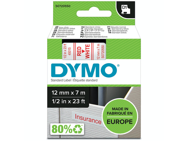 D1 Labels, 12mm x 7m Roll, Red Print on White, Self-Adhesive Labels for LabelManager Label Printers, Authentic