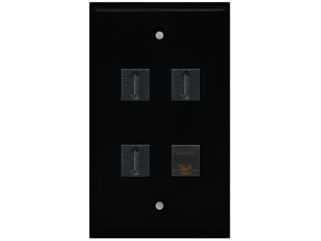 3 Port HDMI 1 Port Cat6 Ethernet Wall Plate - Black
