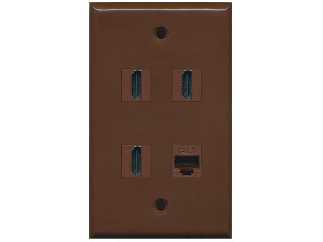 3 Port HDMI 1 Port Cat6 Ethernet Wall Plate - Brown