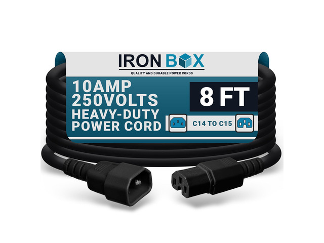 IronBox Electric - Heavy-Duty C14 to C15 PC Power Cable - 10A, 250V, 18/3 SJT - IEC 320 Computer Power Supply Extension Cords - PSU Wire Connectors...