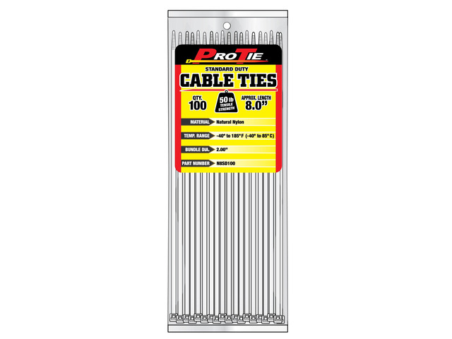 Pro Tie Standard Duty, Self-Locking Nylon Cable Wire Ties for Indoor and Outdoor Use 8-Inch, 50 lbs. Tensile Strength, Natural Nylon, 100-Pack...