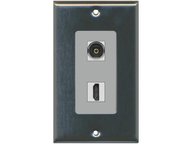 1 Toslink Digital Audio Port and 1 HDMI Port Wall Plate Decorative - Stainless Steel/Gray - Bracket Included