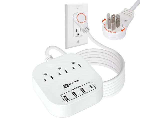 360° Rotating Flat Plug Power Strip, 10 Ft Extension Cord with 3 AC Outlets, 4 USB Ports 16 AWG Wire for Home, Office, and Travel - ETL Certified,...