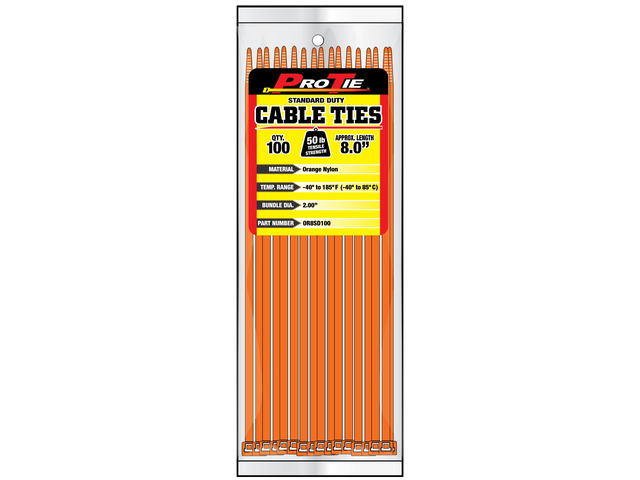 Pro Tie Standard Duty, Self-Locking Nylon Cable Wire Ties for Indoor and Outdoor Use 8-Inch, 50 lbs. Tensile Strength, Orange Nylon, 100-Pack...