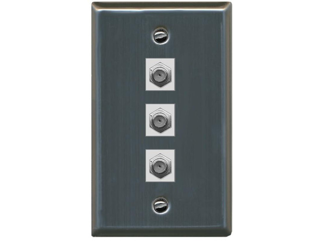 3 Port Coax Cable TV- F-Type Wall Plate - Flat Style [Stainless Steel]