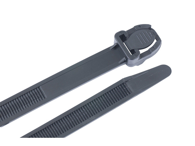 47-115UVB Releasable Cable Tie, 15 inch, 175 lb, Electrical Wire and Cord Management, Nylon Zip Tie, 4 Pk, UV Resistant Black