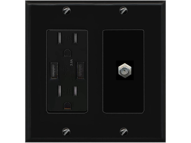 1 Port Coax Cable TV F-Type Wall Plate - USB Charger [Black/Black]