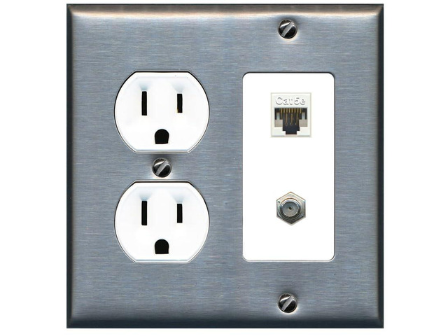 15 Amp Round Power Outlet 1 Port Cat5e Ethernet 1 Coax Cable-TV F-Type Wall Plate [Stainless/White]