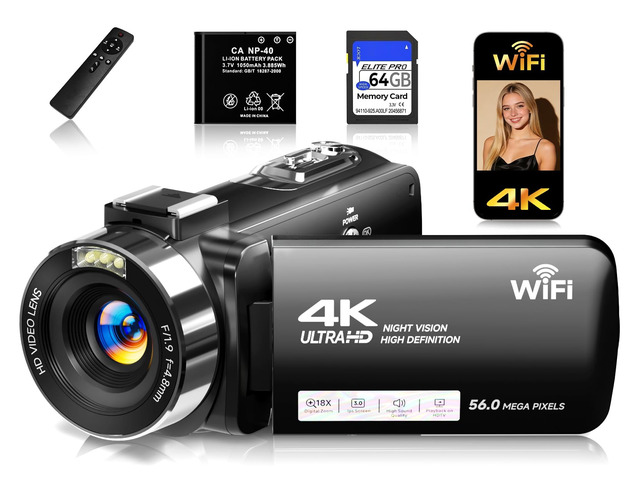4K Video Camera Camcorder with 64GB SD Card, 56MP WiFi Vlogging Camera for YouTube, IR Night Vision, 3.0' Touch Screen, 18X Zoom, Webcam & Remote,...