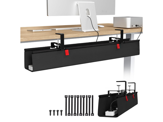 Large No Drill Under Desk Cable Management Tray 36 in, Black Clamp/Screw Mount, Supports Up to 70lbs, Fabric Wire Management Gaming/PC Cable...
